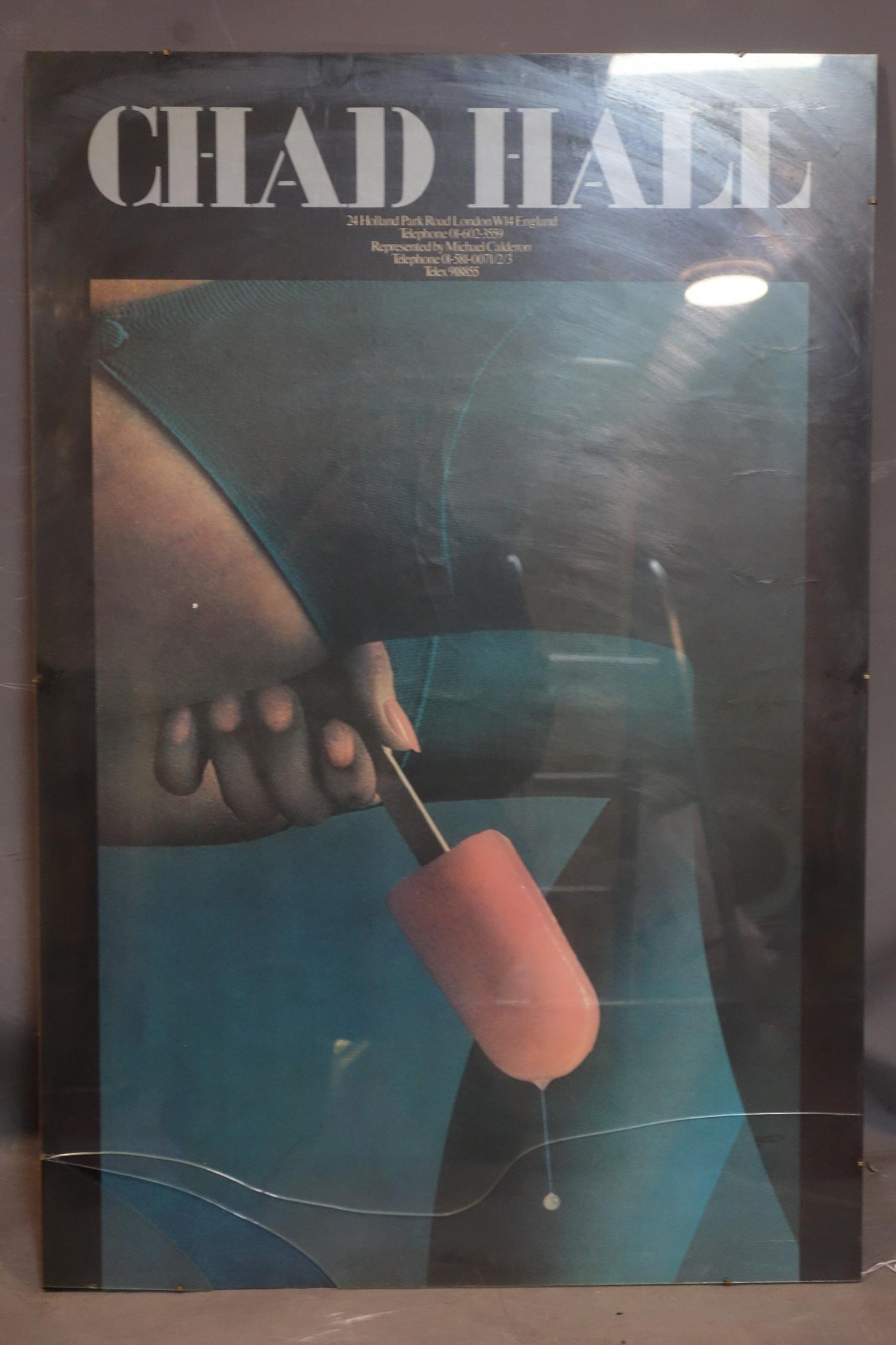 A Chad Hall exhibition poster, 81 x 55cm, glass broken