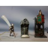 Three vintage metal figural table lamps to include a Bergman style lamp, Jesus in a shrine and a