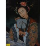 WITHDRAWN A 19th century Chinese reverse glass painting of a noblewoman holding a fan with plum tree