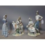 Three Lladro figural studies, to include a boy, girl and sheep, H.38cm; children riding a horse, H.
