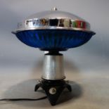 A vintage chrome and blue glass table lamp, H.24 D.24cm