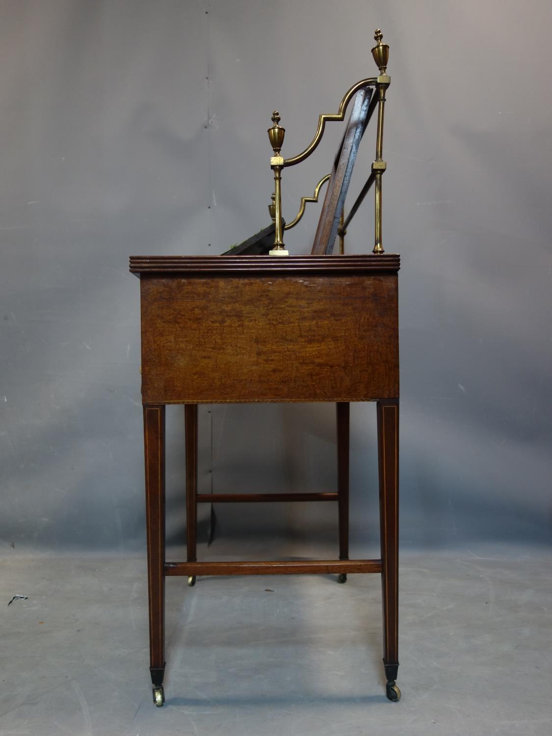 A George III mahogany clerks desk, with brass gallery top, raised on tapered legs and castors, H.130 - Image 3 of 6