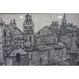 A pen study of a Townscape, framed and glazed, 54 x 75cm