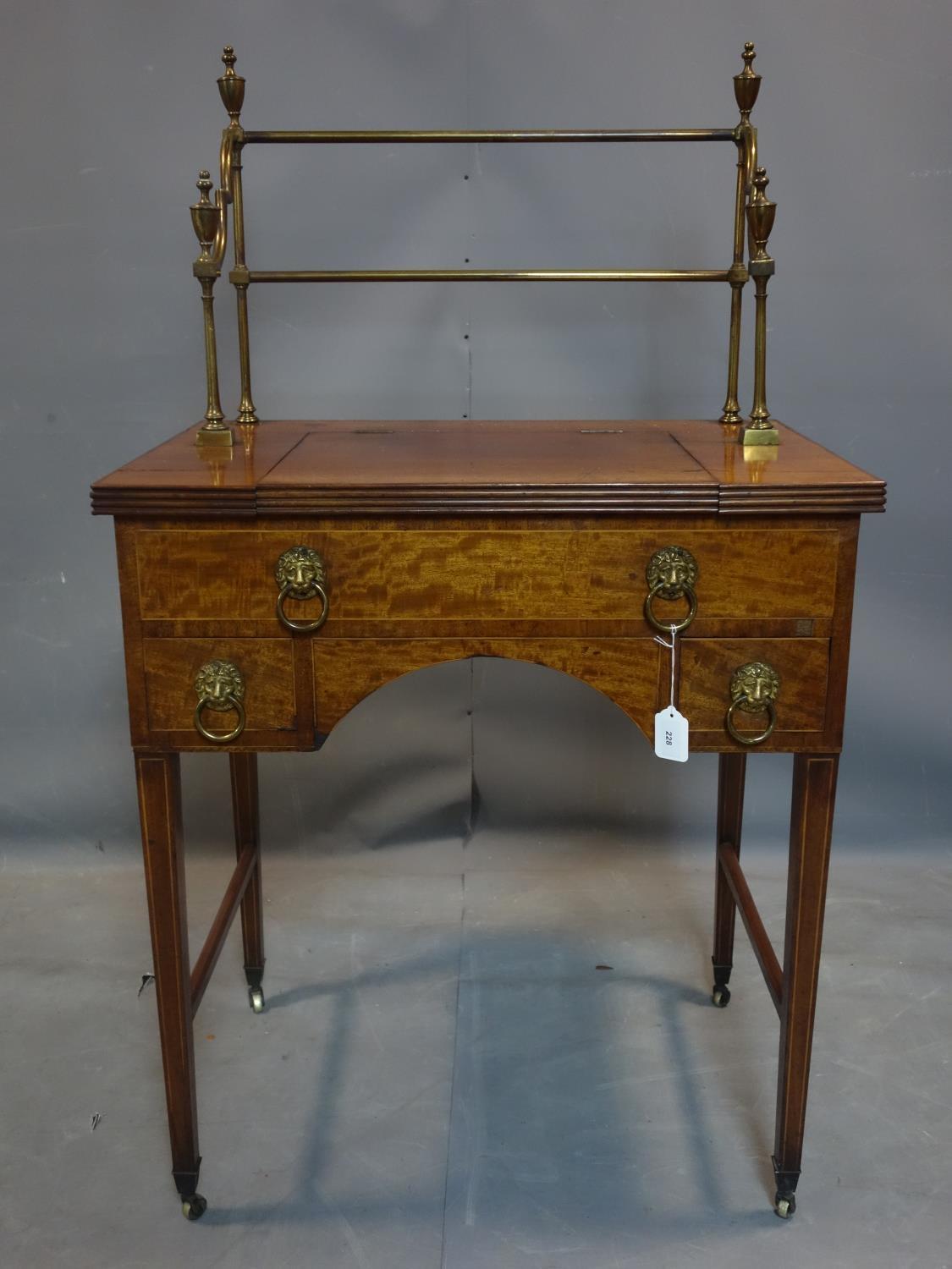 A George III mahogany clerks desk, with brass gallery top, raised on tapered legs and castors, H.130 - Image 5 of 6