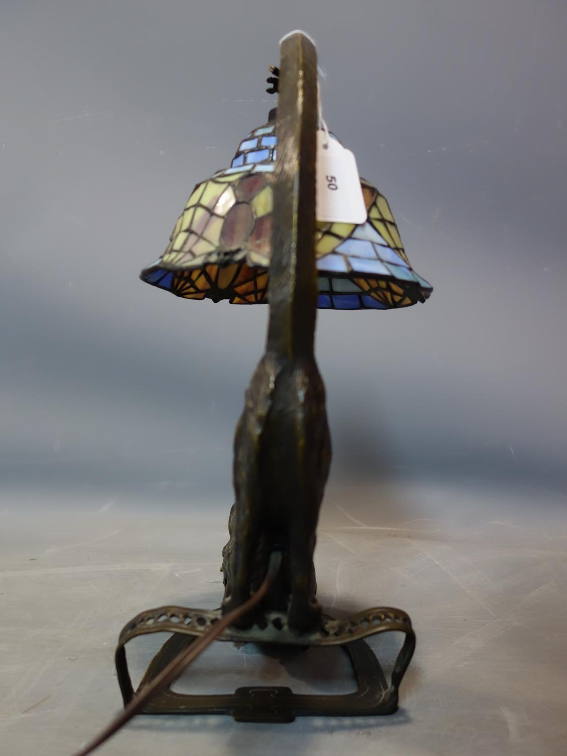 A Tiffany style lamp, the base in the form of a bronze out stretched cat, H.43cm - Image 3 of 3