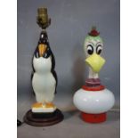 A vintage ceramic lamp in the form of a penguin together with a vintage ceramic bird head lamp