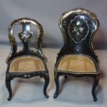 A 19th century black lacquered and mother of pearl inlaid chair, with caned seat on cabriole legs,