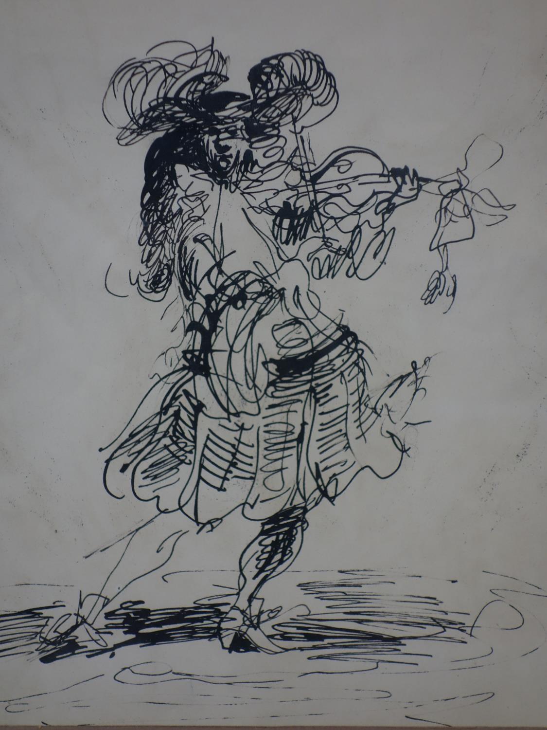 A gentleman playing the violin, ink on paper, unsigned, framed and glazed, 32 x 22cm