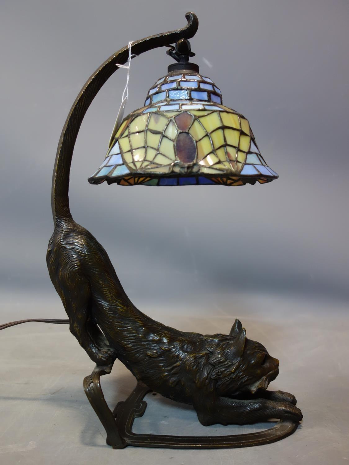 A Tiffany style lamp, the base in the form of a bronze out stretched cat, H.43cm - Image 2 of 3