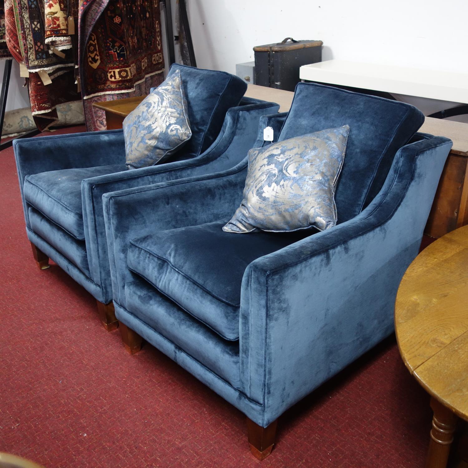 A pair of Duresta 'Trafalgar' armchairs, blue velvet upholstery, raised on tapered legs and brass - Image 3 of 4