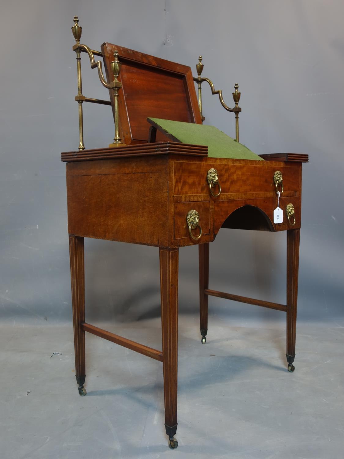 A George III mahogany clerks desk, with brass gallery top, raised on tapered legs and castors, H.130 - Image 2 of 6