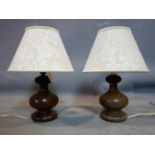 A pair of turned mahogany table lamps, H.36cm