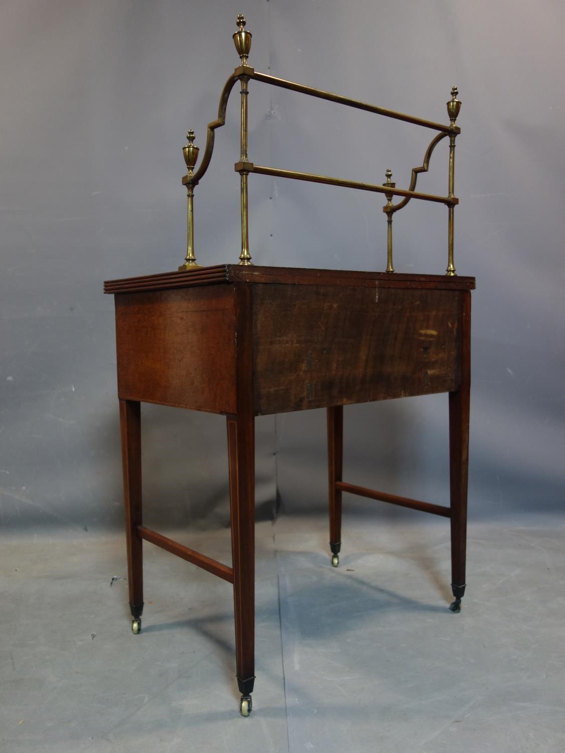 A George III mahogany clerks desk, with brass gallery top, raised on tapered legs and castors, H.130 - Image 6 of 6