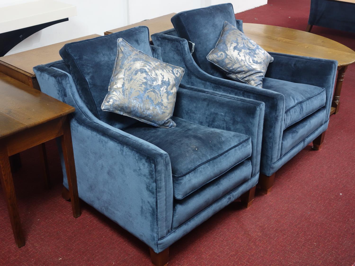 A pair of Duresta 'Trafalgar' armchairs, blue velvet upholstery, raised on tapered legs and brass - Image 2 of 4