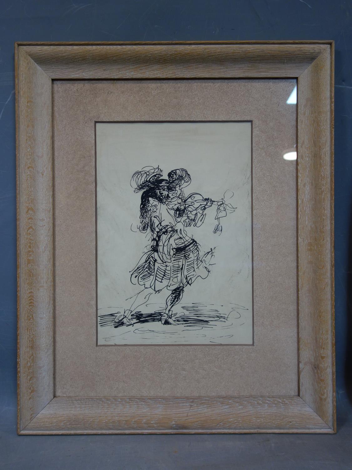 A gentleman playing the violin, ink on paper, unsigned, framed and glazed, 32 x 22cm - Image 2 of 2