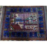 An Afghan geometric pictorial rug with blue geometric border, 178 x 128cm