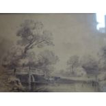 John Varley (1778-1842), Cows by a bridge over a river with a cottage to background, wash on