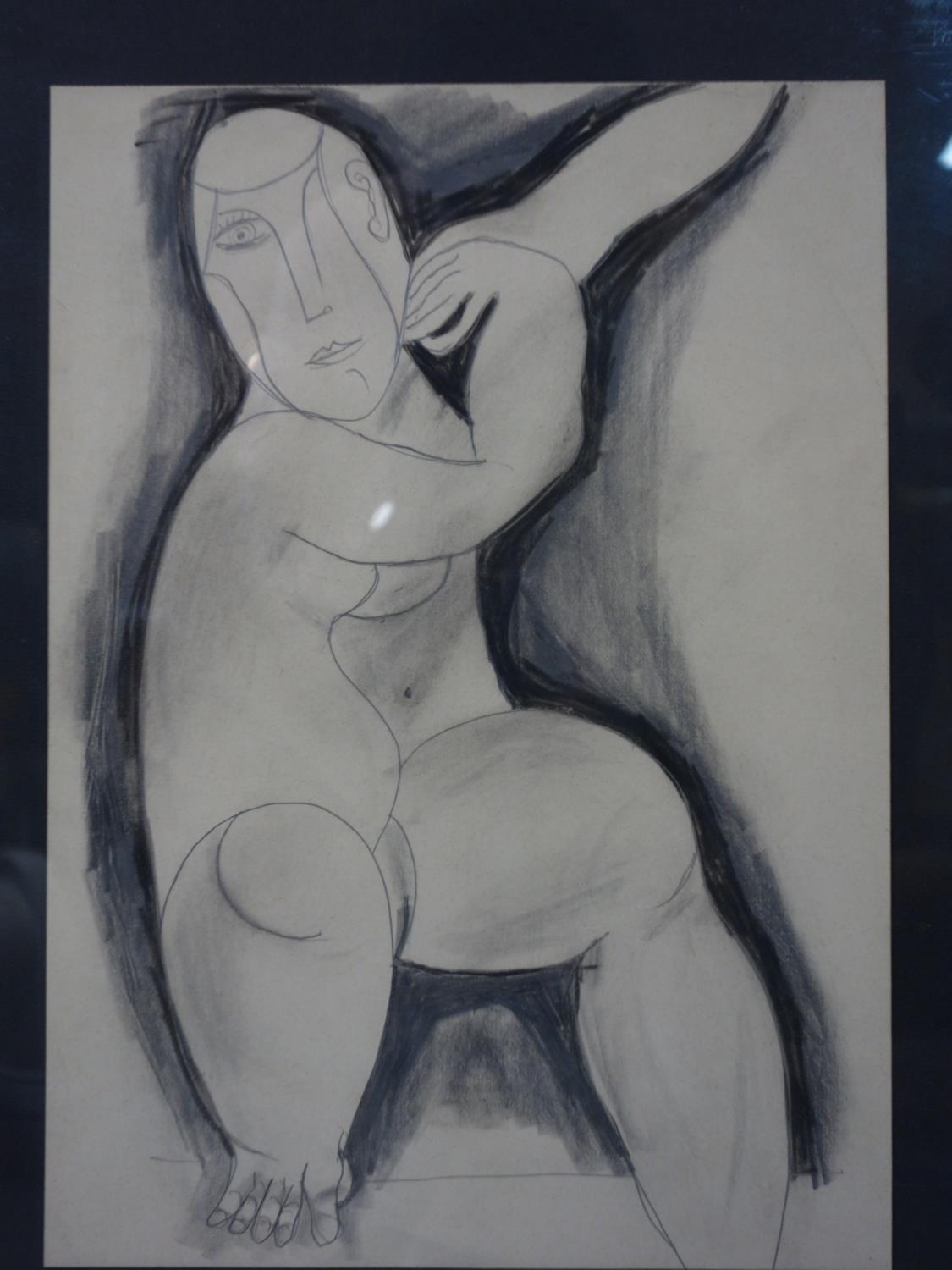 A 20th century pencil and crayon sketch of an abstract nude, unsigned, 30 x 21cm