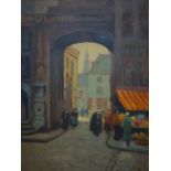 Chris de Bruijn (1901-1974), Figures at City Gate near flower stall, Paris, oil on canvas, signed