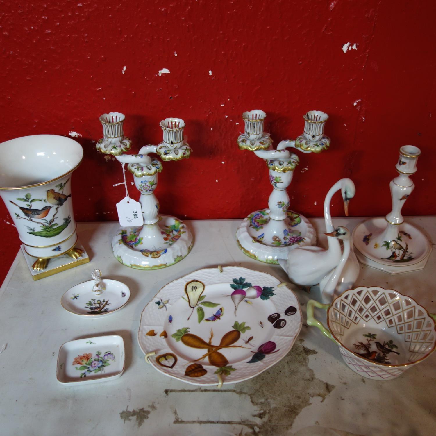 A collection of Herend porcelain to include a pair of candelabras, candlestick, vase, lattice