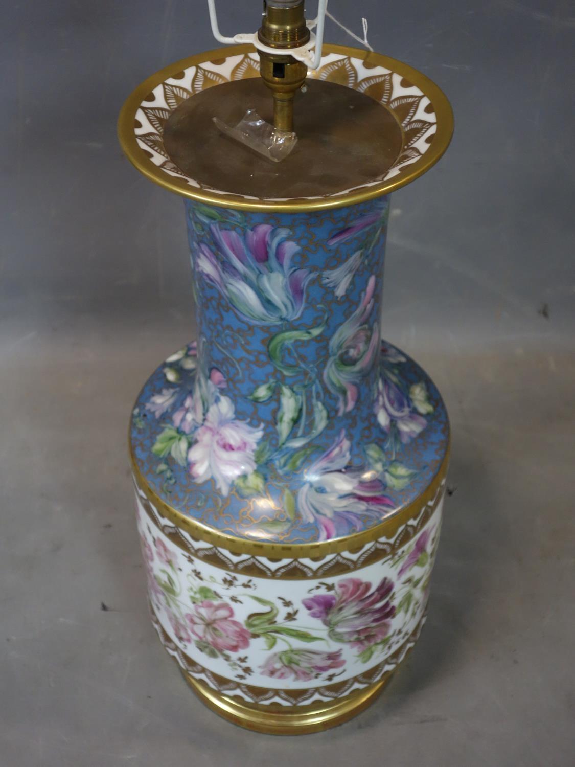 A large 20th century porcelain lamp, hand painted with flowers and gilt, possibly by Limoges, with - Image 2 of 3