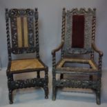 A 17th century carved oak armchair, together with a similar 19th century example. 114cm H x 60cm W