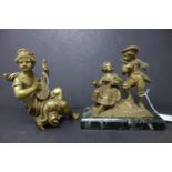 A 19th century bronze figural group of a boy playing the flute to a girl, raised on marble base,