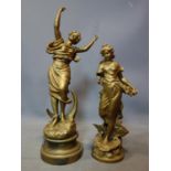 Two gilt painted spelter figures of Classical ladies, to include one of a lady plucking stars out of