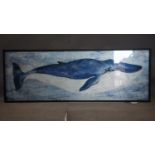 A contemporary print of a blue whale on glass, 41 x 117cm