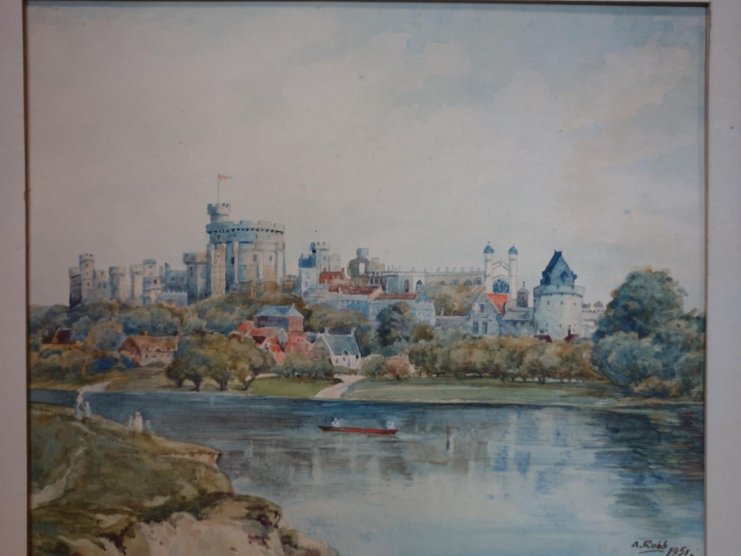 A mid 20th century watercolour study of Windsor castle, signed A.Robb dated 1951, 26 x 30cm