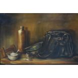 Jan van Hasselt (20th century Dutch school), Still life of satchel, hat, cup, bottle and jug on a