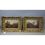A pair of 18th century oils on panel of figures on horseback in landscape scenes, indistinctly