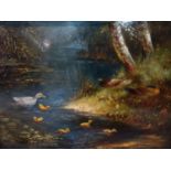 Attributed to Constant Artz (1850-1951), Ducks in a river scene, oil on panel, unsigned, in gilt