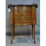 A late 19th century French kingwood kidney shape side chest of drawers, with marble top and brass