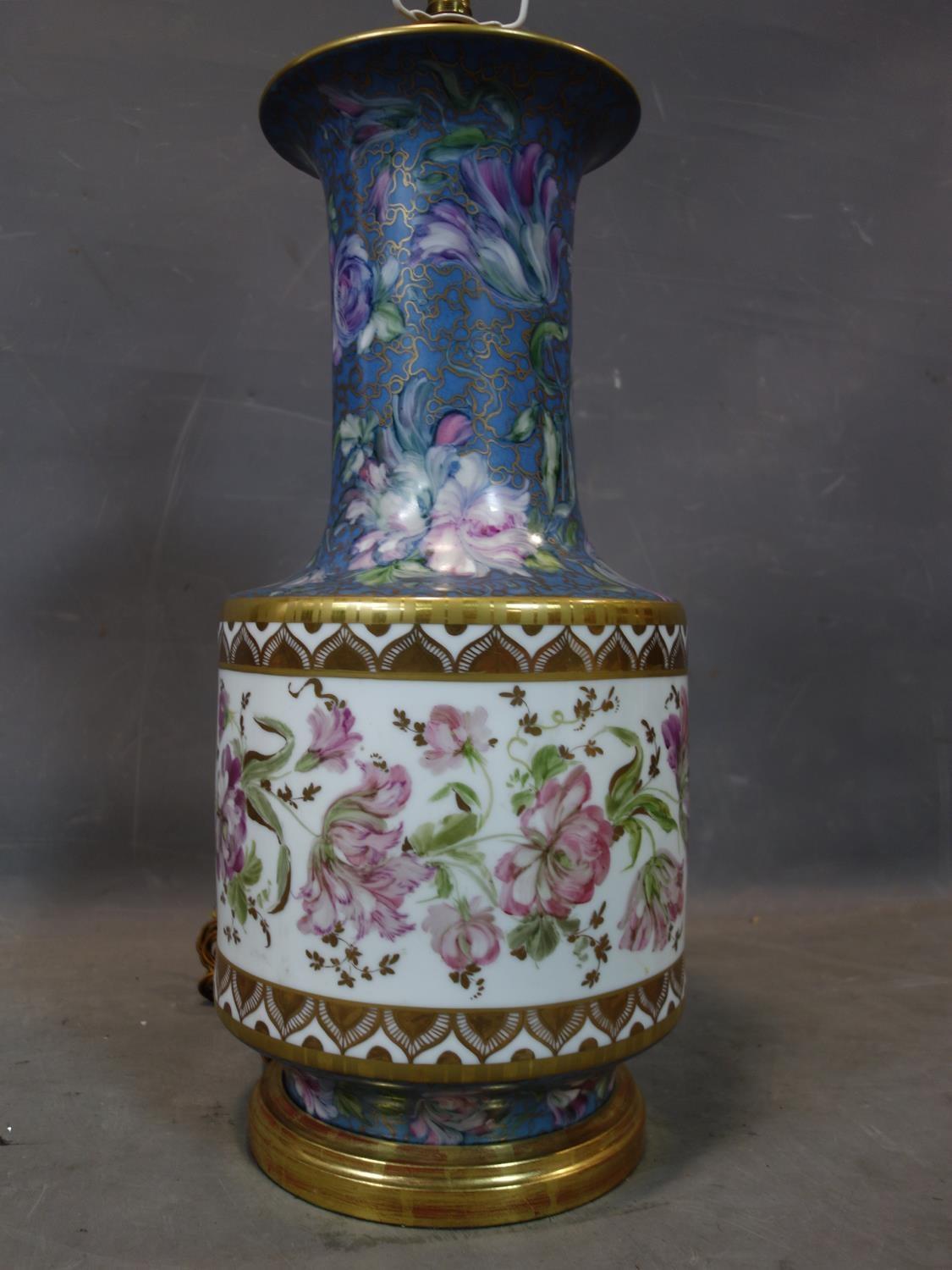 A large 20th century porcelain lamp, hand painted with flowers and gilt, possibly by Limoges, with - Image 3 of 3