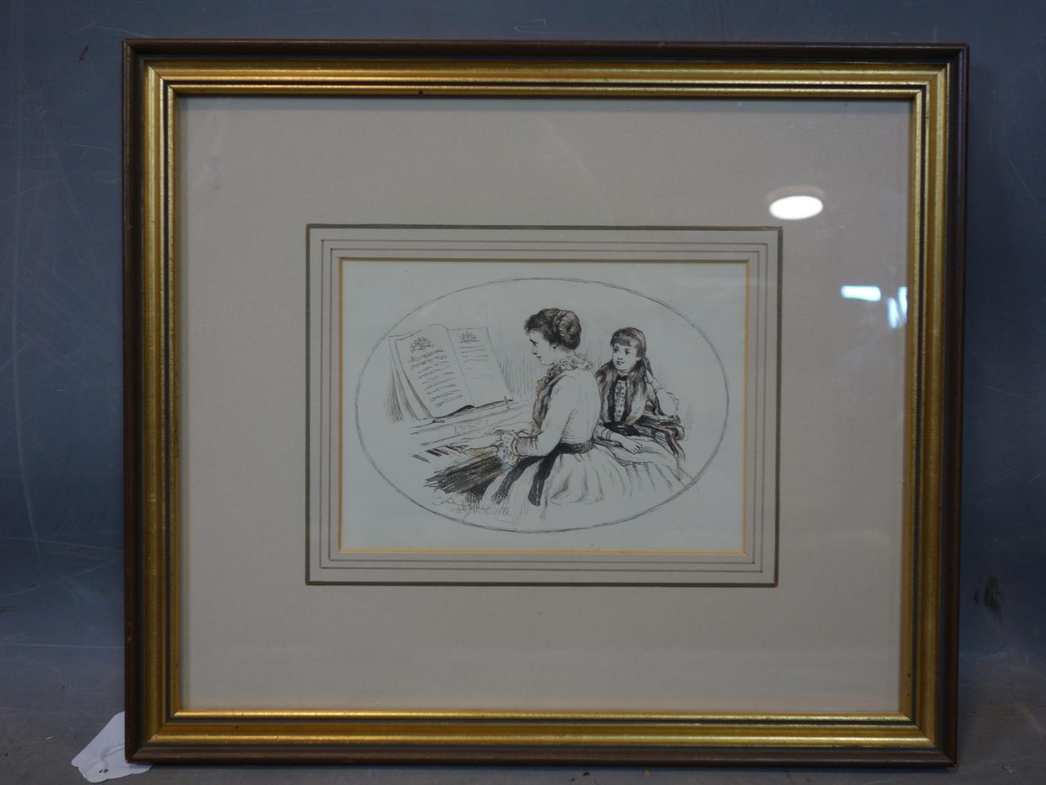 A 19th century pen and ink sketch of a mother and daughter playing the piano, signed Frederick - Image 2 of 3