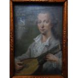 An 18th century miniature painting on panel of a man playing the lute, dated 1793, 10 x 7cm