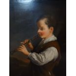 An 18th/19th century oils on panel of a boy playing the flute, set in gilt wood frame, 22 x 17cm