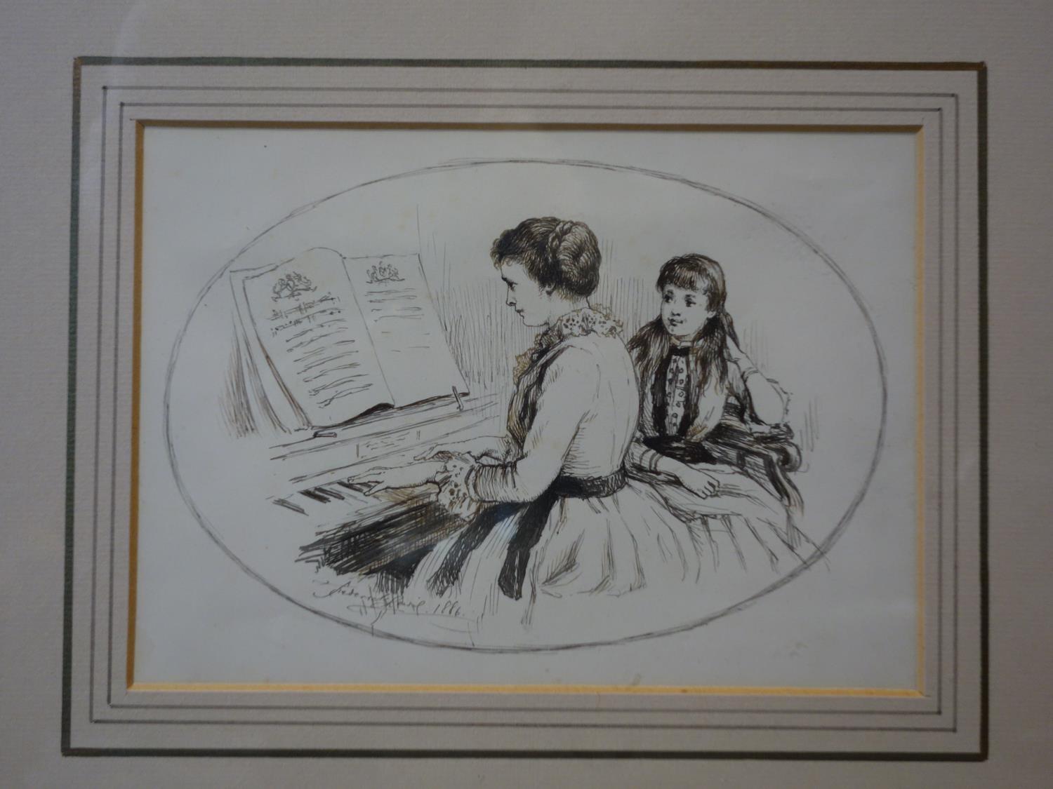 A 19th century pen and ink sketch of a mother and daughter playing the piano, signed Frederick