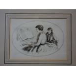 A 19th century pen and ink sketch of a mother and daughter playing the piano, signed Frederick
