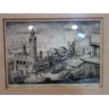 An etching of Hamburg landungsbruecken, signed 13 x 18cm