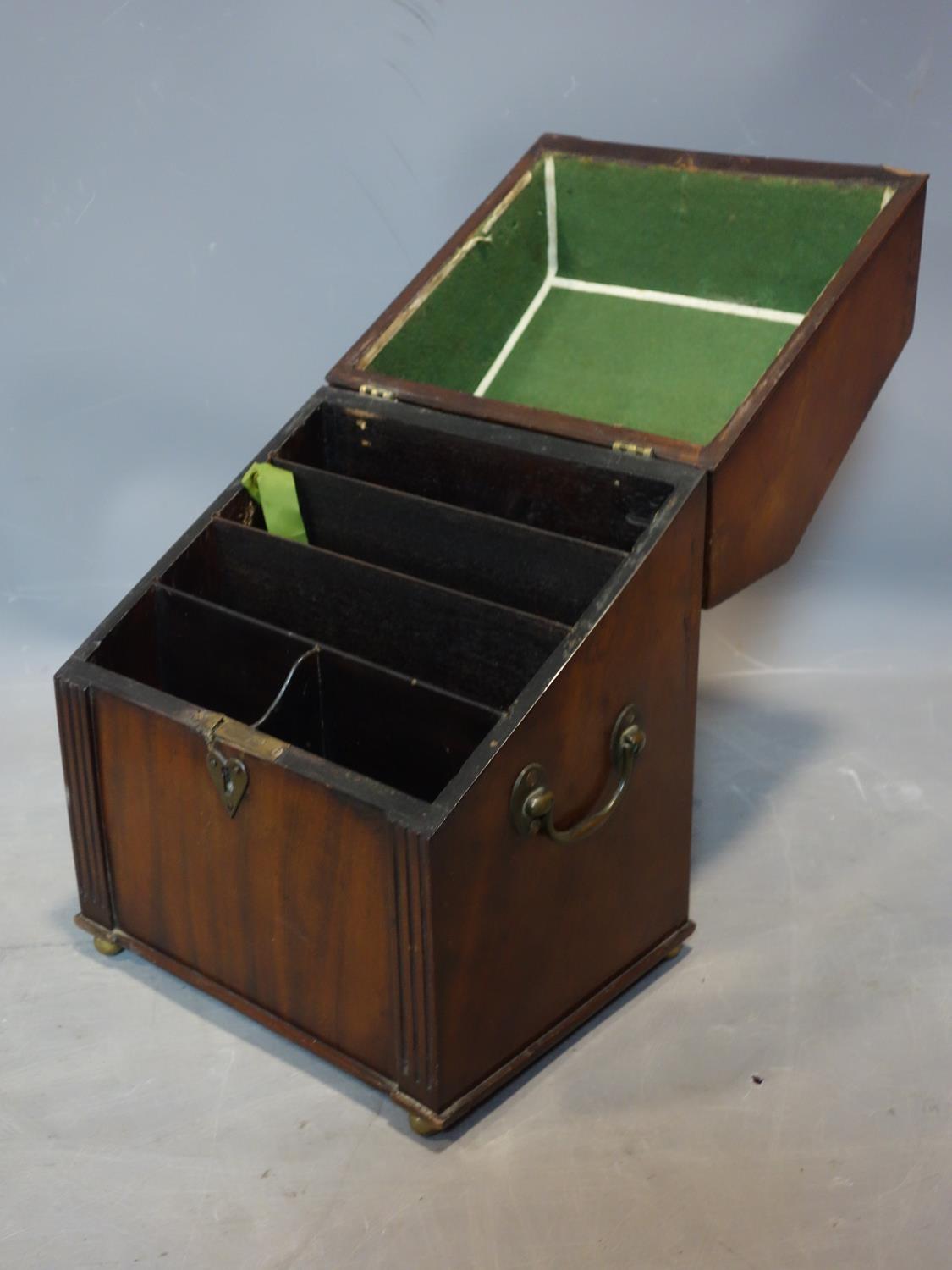 A Georgian inlaid mahogany stationery box, raised on brass ball feet, in the form of a writing - Image 3 of 3