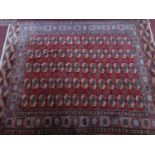 An early to mid 20th century Bokhara carpet with repeating geometric gull motifs, on a red ground,