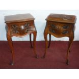 A pair of French walnut and kingwood veneered side chests, H.74 W.44 D.34cm