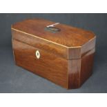 A Regency mahogany and box wood inlaid tea caddy, with ivory escutcheon, H.16 W.30 D.15cm (some
