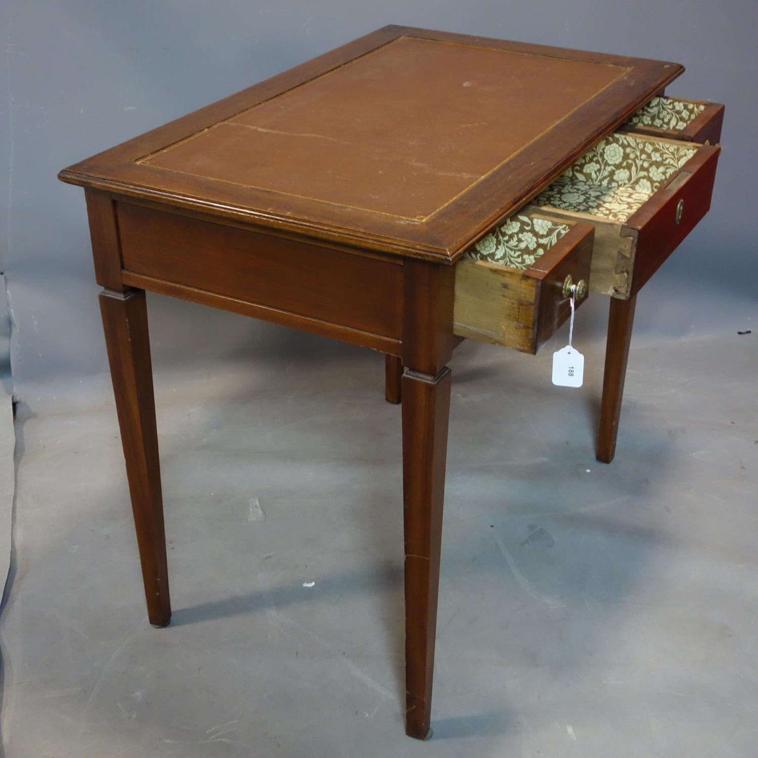 An early 20th century mahogany writing table, with leather top and 3 drawers, raised on tapered - Image 2 of 3