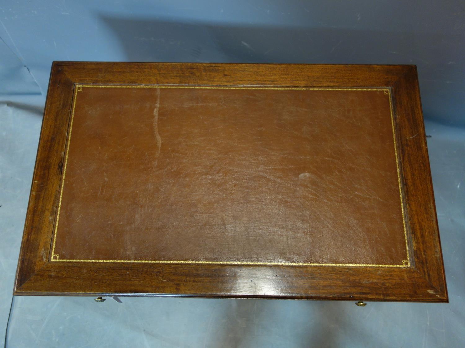 An early 20th century mahogany writing table, with leather top and 3 drawers, raised on tapered - Image 3 of 3