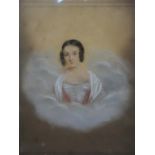 18th century school, A lady in the clouds, pastel, in maple frame, 20 x 17cm