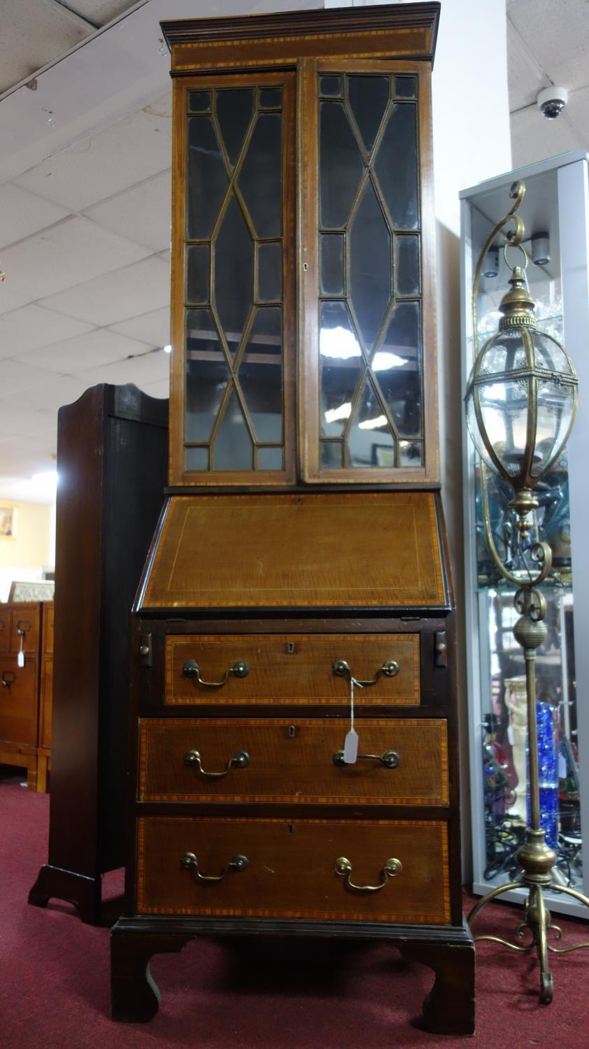 An Edwardian narrow inlaid mahogany bureau bookcase, H.198 W.57 D.47cm - Image 5 of 6