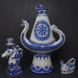 Three 20th century Russian blue & white ceramics to include a teapot, a candle stick holder and a